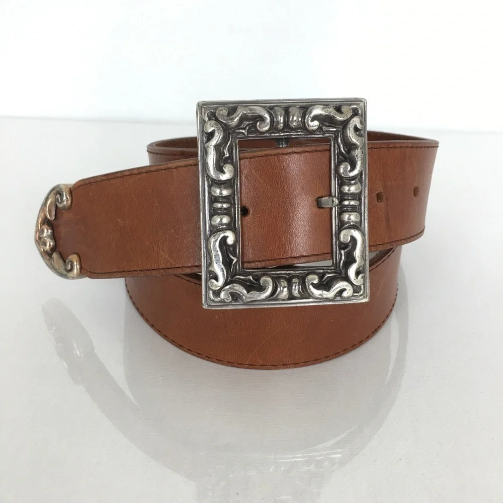 Vintage 90’s Another Line Inc. Brown Leather Belt Western Square Silver Buckle